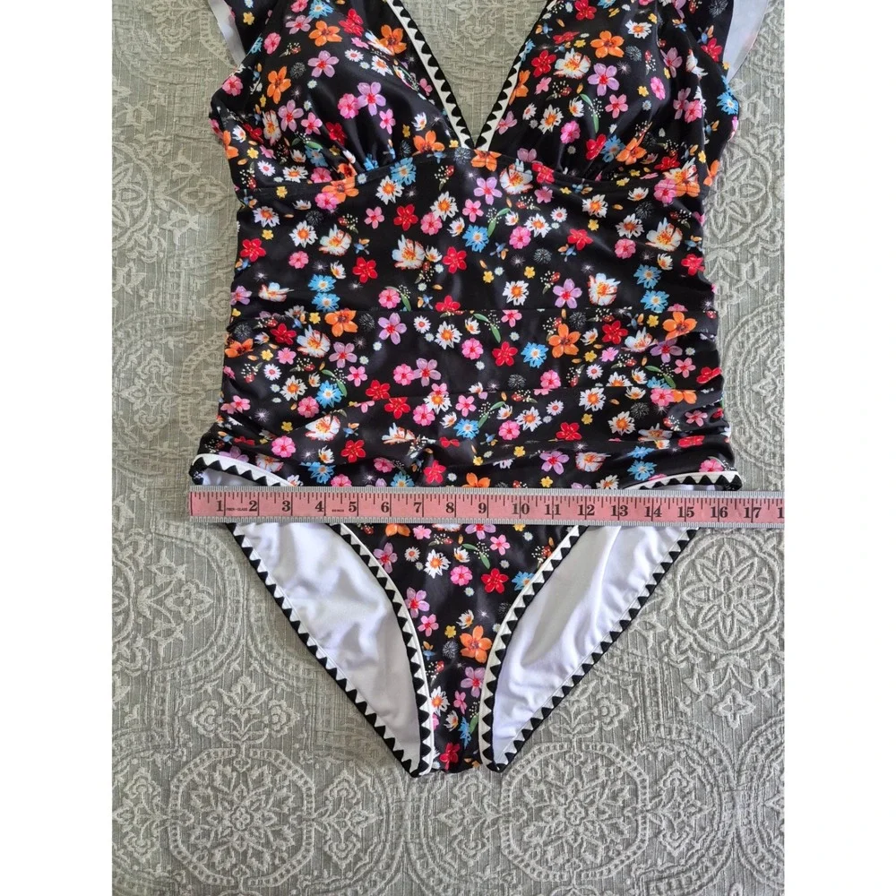Aidonger Floral One Piece Swimsuit‎ Ruffle V-Neck Black Multicolor XL NWT